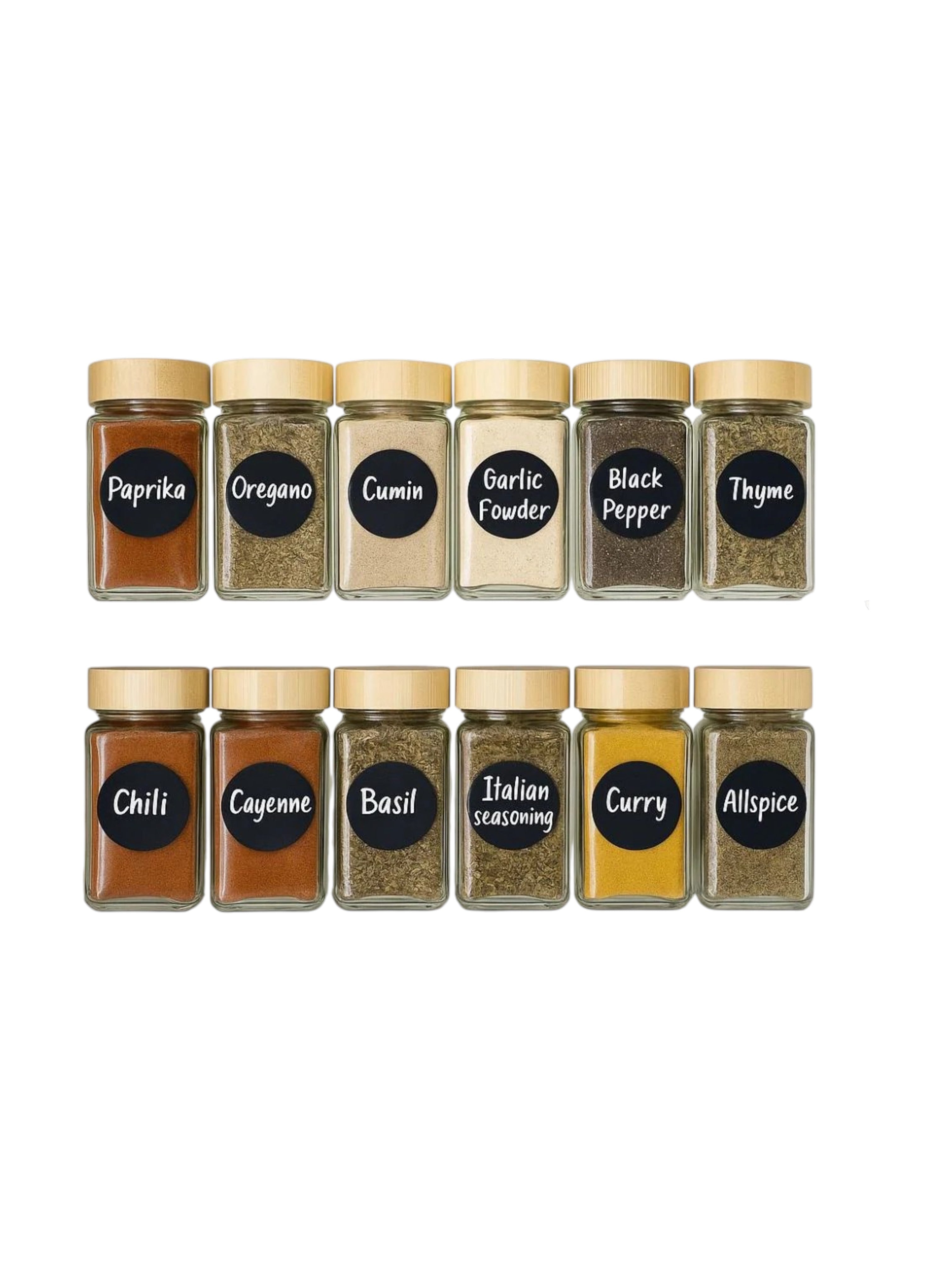 Set de 12 especieros en vidrio con tapa de Bambu